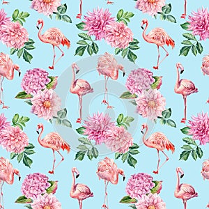 Flamingo seamless pattern. Pink flamingo and flowers isolated background, tropical bird watercolor