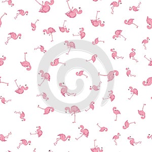 Flamingo seamless pattern on polka dots background. Flamingo vector background design for fabric and decor.