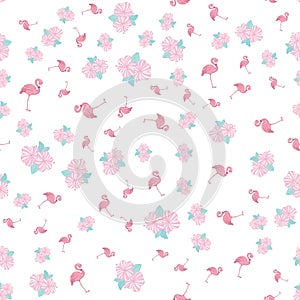 Flamingo seamless pattern on polka dots background. Flamingo vector background design for fabric and decor.