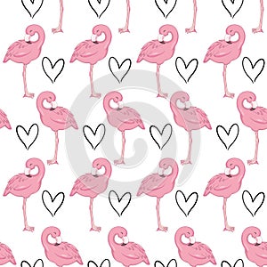 Flamingo seamless pattern on polka dots background. Flamingo vector background design for fabric and decor.