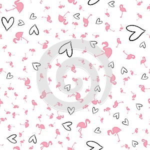 Flamingo seamless pattern on polka dots background. Flamingo vector background design for fabric and decor.