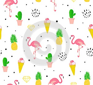 Flamingo seamless pattern. Summer background with diamonds, cactus and ice cream.