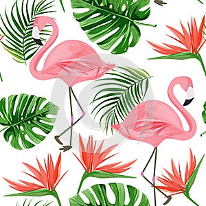 Flamingo seamless pattern. Summer tropical background with bird of paradise flower, monstera and palm leaves.