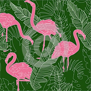 Flamingo Seamless pattern. Tropical pink bird in green palm leaves. Paradise background. Decor textile, wrapping paper