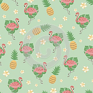 Flamingo seamless pattern Tropical print Cute pineapple flowers on green mentol background