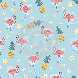 Flamingo seamless pattern Tropical print Cute pineapple flowers on summer blue background Decorative paper