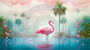Flamingo standing alone in water and dreamy forest landscape on background.