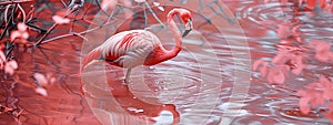 A flamingo stands in a pink pond