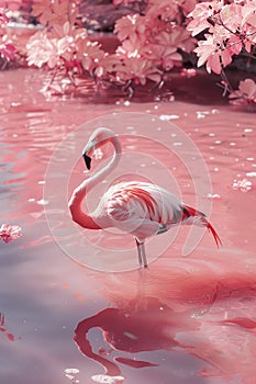 A flamingo stands in a pink pond