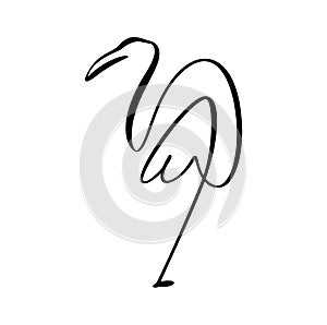 Flamingo staying on one leg continuous line logo. Vector illustration of bird form. Hand drawn element isolated on white