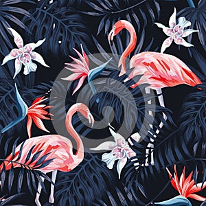Flamingo strelitzia palm leaves dark background pattern photo