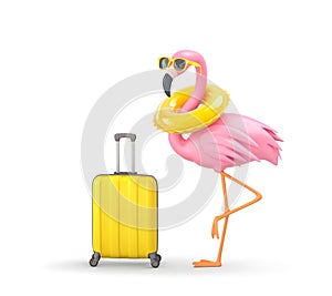 Flamingo in sunglasses with swimming ring and yellow suitcase isolated on white