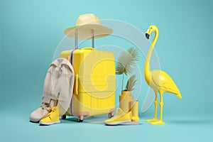 flamingo sunglasses travel pink blue vacation concept background yellow suitcase summer. Generative AI.