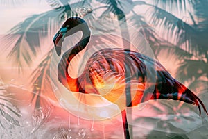 A flamingo superimposed with the silhouette of a tropical sunset in a double exposure