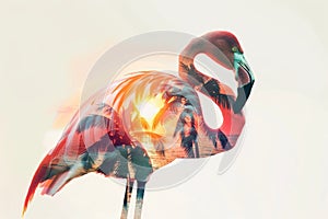 A flamingo superimposed with the silhouette of a tropical sunset in a double exposure