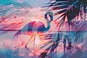 A flamingo superimposed with the silhouette of a tropical sunset in a double exposure