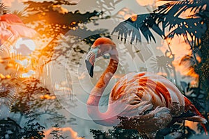 A flamingo superimposed with the silhouette of a tropical sunset in a double exposure