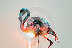 A flamingo superimposed with the silhouette of a tropical sunset in a double exposure