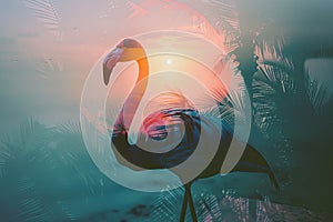 A flamingo superimposed with the silhouette of a tropical sunset in a double exposure