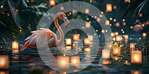 Flamingo Surrounded by Floating Glowing Orbs Background for Fantasy Atmosphere, Celestial Magic, or Enchanted Creatures