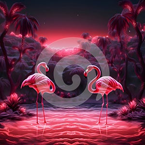 Flamingo in the swamp at night. Elements of this image furnished by NASA