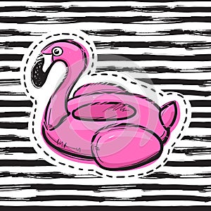 Flamingo swim ring. Pool float. Inflatable pink flamingo. Swimming circle. Summer print, sticker, badge, fashion patch