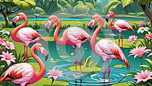 Flamingo tall pink bird lily pond