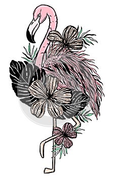 Flamingo tattoo tropical animal bird. Summer nature drawing. Black and pink color isolated ina white background