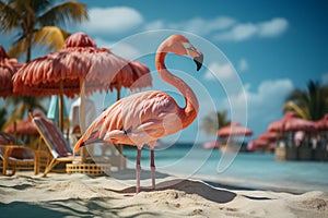 Flamingo on the tropical beach with palm trees, exotic holiday and summer concept, travel destination