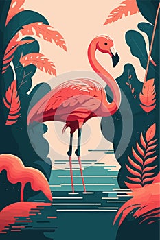 Flamingo in tropical jungle. Vector illustration in flat cartoon style