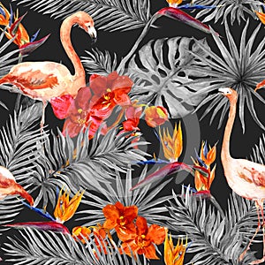 Flamingo, tropical leaves, exotic flowers. Seamless pattern, black background. Watercolor