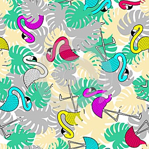 Flamingo and tropical leaves pattern seamless. water bird with pale pink plumage background. Ornament of kids fabric