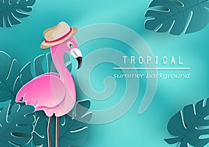 Flamingo and tropical leaves poster on wave background, seasonal holiday, floral design, flyer, invitation, greeting card, paper