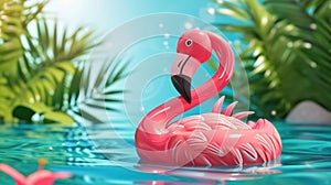 Flamingo tropical. Pink inflatable flamingo in water for summer beach background. Pool float party.