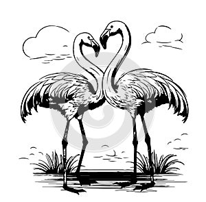 Flamingo vector illustration. Ink pen drawing. Line art design, engraving style.