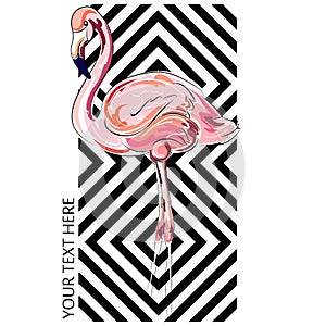 Flamingo vector illustration. Pink modern bird isolated on Diamonds white and black background