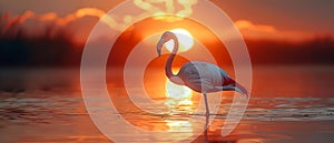 A flamingo wades in water at sunset legs and head submerged. Concept Nature, Wildlife, Flamingo,