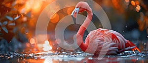 Flamingo wading in water at sunset head lowered legs submerged. Concept Animal Photography, Water