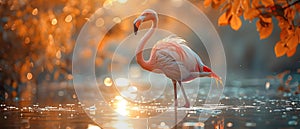 Flamingo Wading in Water at Sunset with Legs and Head Submerged. Concept Wildlife Photography,