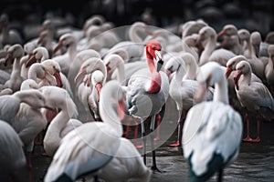 Flamingo in the water, Phoenicopterus roseus, Standing out from the crowd, a white bird standing out from others, AI Generated