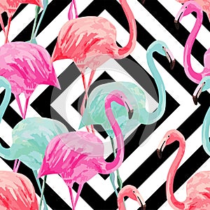 Flamingo watercolor pattern, geometric background