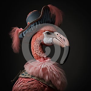 Flamingo wearing a historical costume