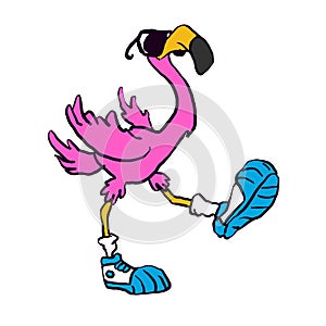 Flamingo wearing sneakers and sunglasses