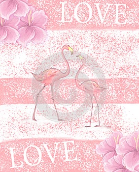 Flamingo wedding invitation, greeting card with pink flamingos. Beautiful watercolor illustration of love birds