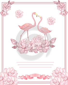 Flamingo wedding invitation, greeting card with pink flamingos. Beautiful watercolor illustration of love birds