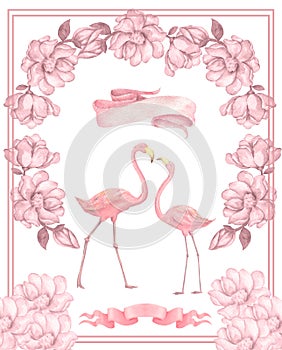 Flamingo wedding invitation, greeting card with pink flamingos. Beautiful watercolor illustration of love birds