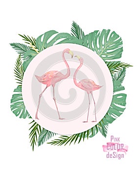 Flamingo wedding invitation, greeting card with pink flamingos. Beautiful watercolor illustration of love birds flamingos.