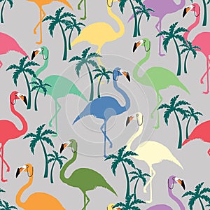 Flamingos bird with palm tree vector pattern texture