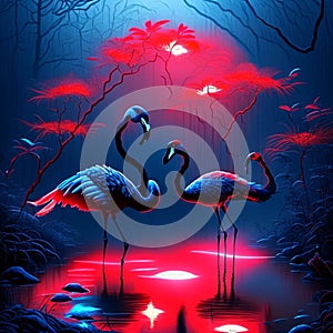 Flamingos in the dark forest. Vector illustration of a flock of flamingos. AI generated