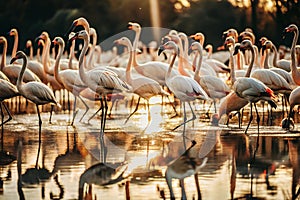 Flamingos feeding in sunset marsh